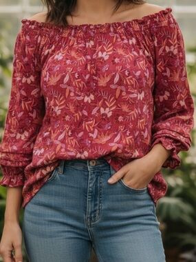 J. Jill Floral Boho Blouse Pink & Red Lightweight Casual Top Sz M